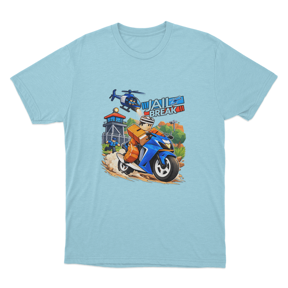 Jailbreak Motorcycle Escape Chase Unisex T Shirt Sky Blue Jailbreak Motorcycle Escape Chase Unisex T Shirt Sky Blue